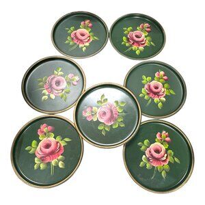 Vintage Russian Toleware Lot 7 Tray Plate Bright Colored Floral Hand Painted 7"